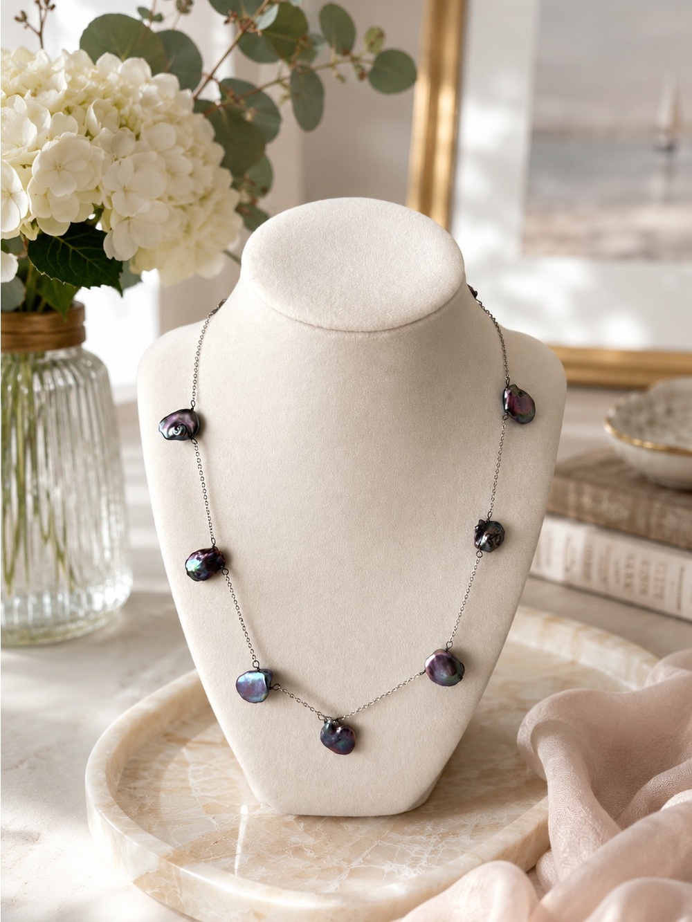 Nicole van Papen Rhodium Overlay Sterling Silver Keshi Pearl Station Necklace 19